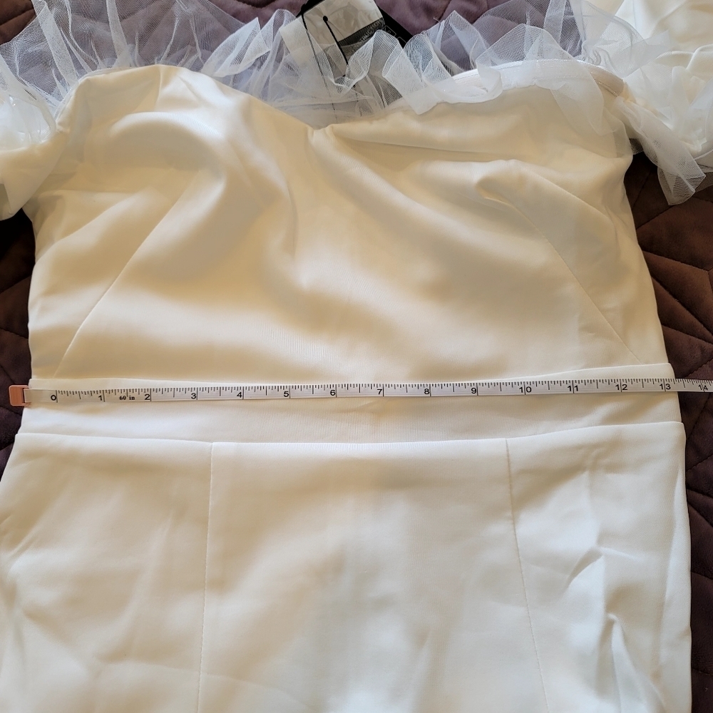 NEW Off Shoulder Contrast Mesh Mermaid Hem White Puff Sleeve Wedding Dre… - Picture 15 of 17